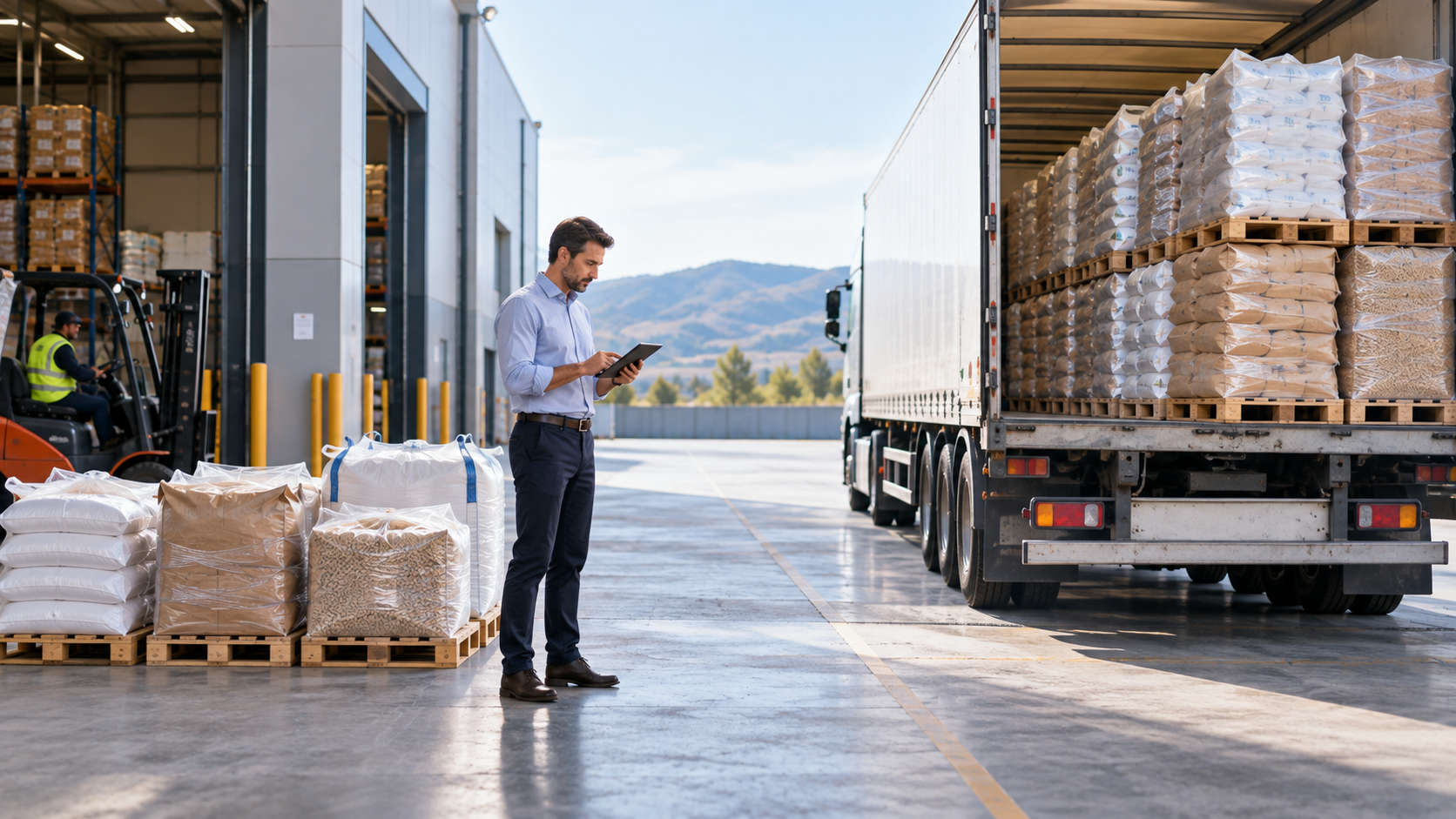 Paleți grupați pentru încărcare într-un camion, ilustrând relația dintre cantitatea comandată și costul logistic B2B.