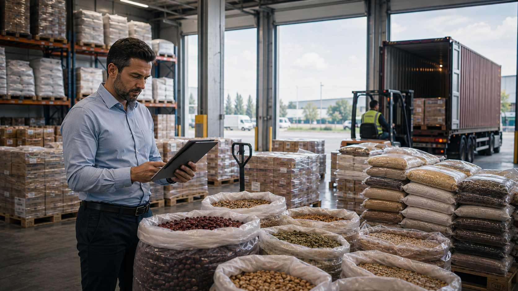 Oferte SPOT pentru materii prime alimentare în depozit B2B, analizate de un manager de achiziții pentru optimizarea costului de aprovizionare.