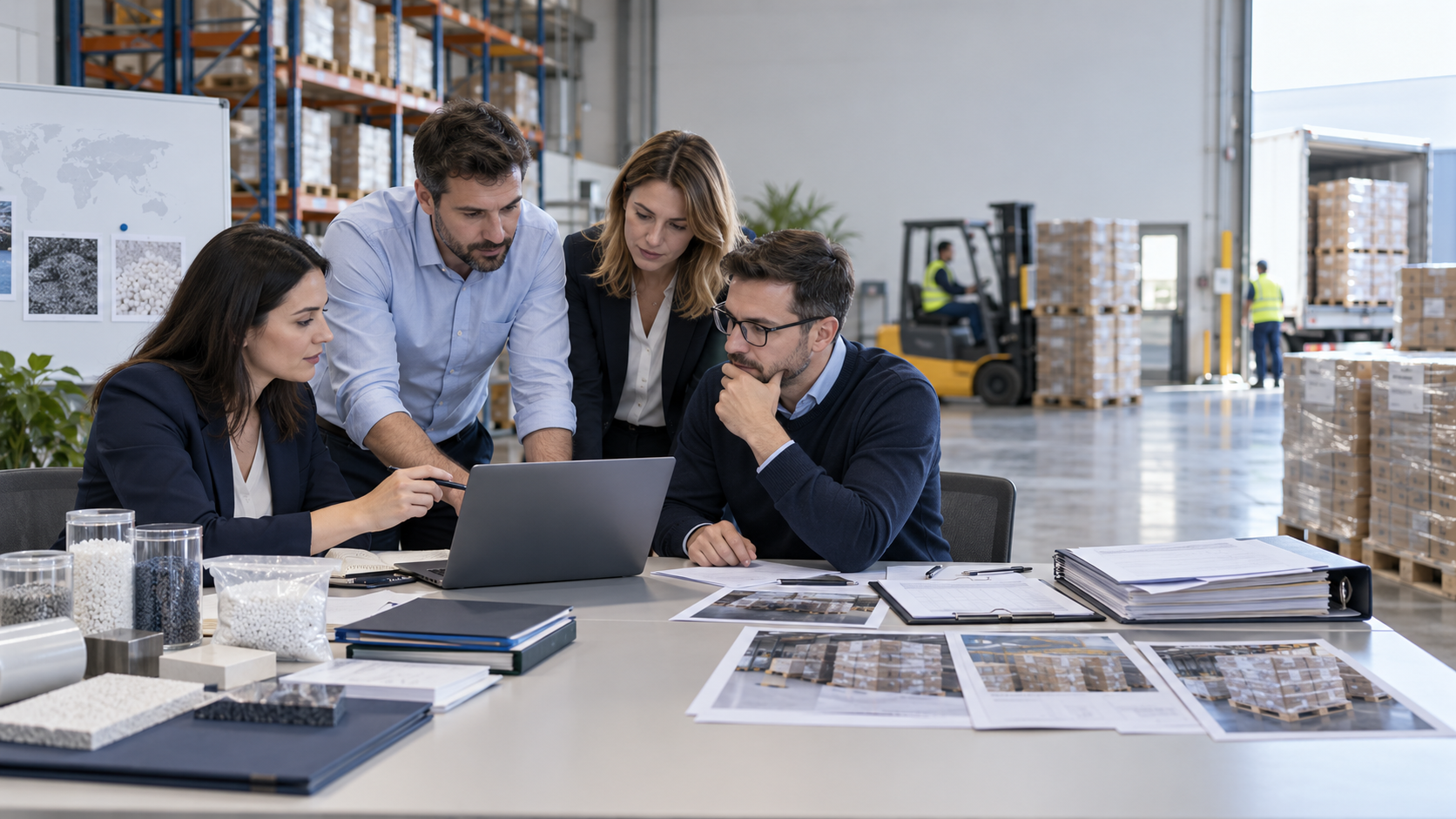 Manageri B2B analizând în același flux o cerere de sourcing și un lot de stoc excedentar.