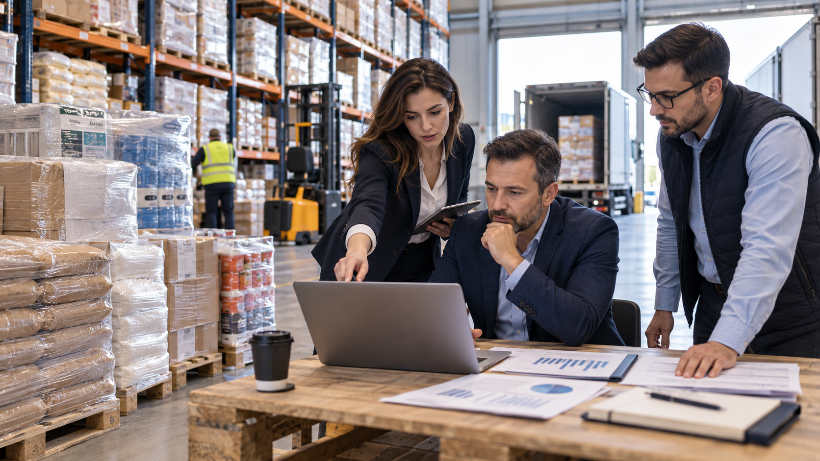 Echipă financiară și logistică analizând costurile unui stoc de paleți care nu se mișcă.