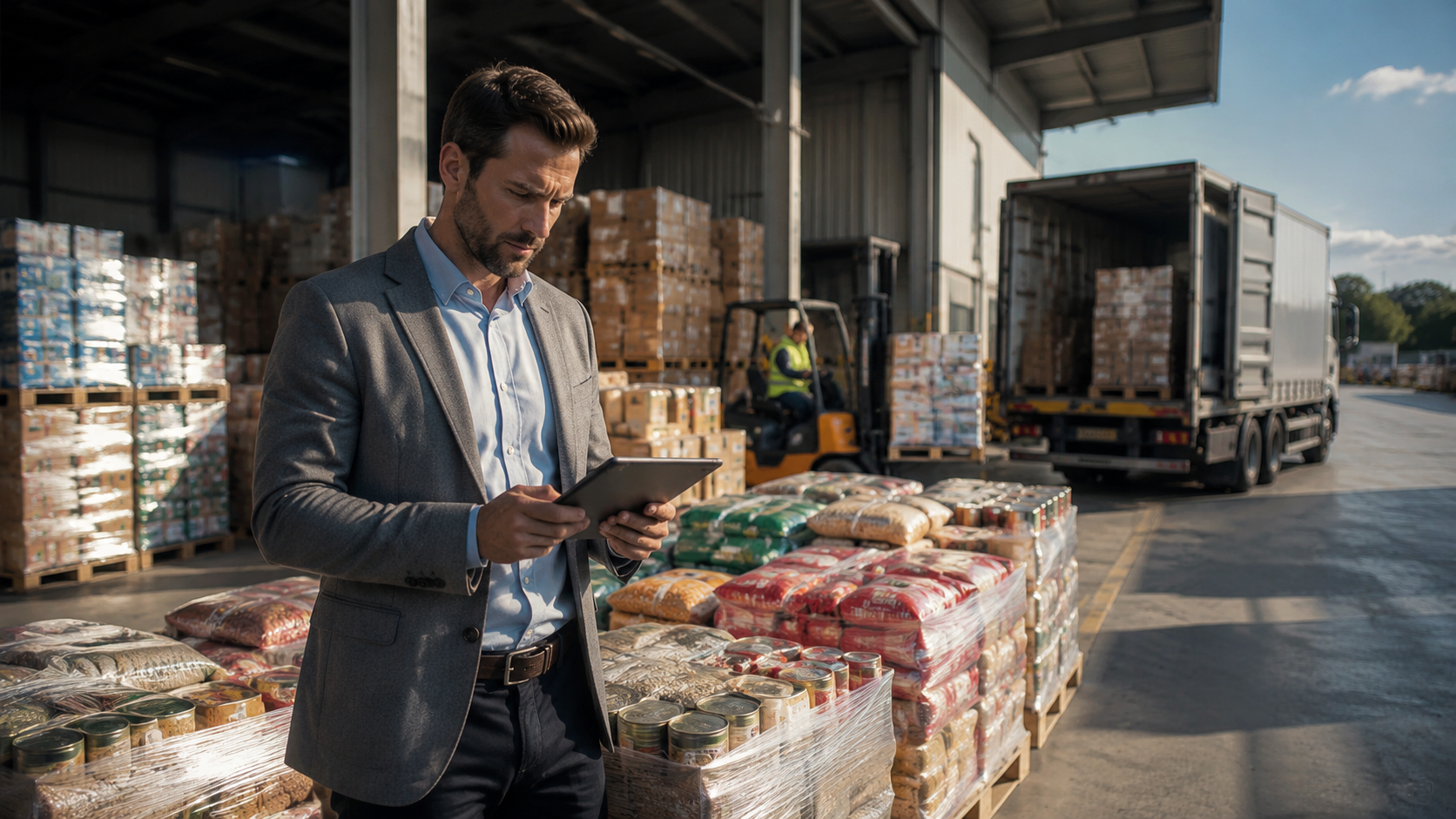 Manager de achiziții verifică o ofertă pe tabletă într-un depozit angro modern, în timp ce paleți cu produse alimentare ambalate sunt pregătiți pentru încărcarea într-un camion de marfă.