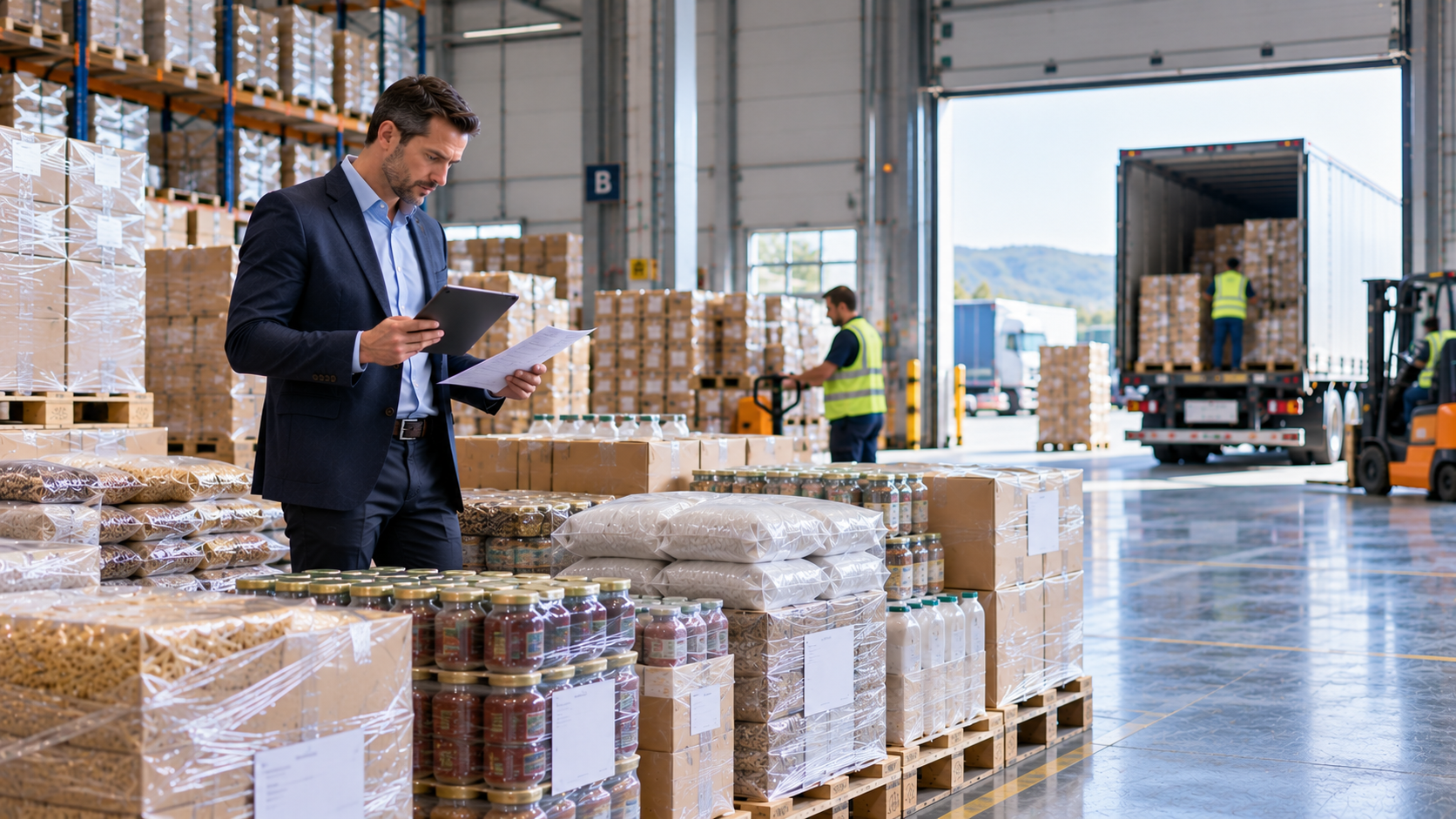 Professional European buyer evaluating surplus pallet stock as a B2B clearance opportunity through Palletclearance.com.