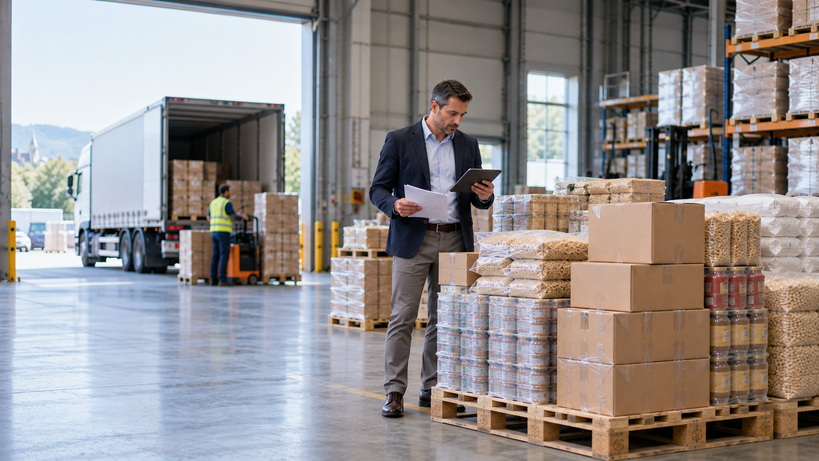 Manager evaluând un stoc excedentar de paleți pentru vânzare B2B și eliberarea capitalului blocat prin Palletclearance.com.