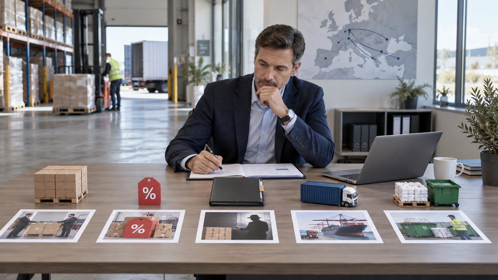 Manager comercial comparând cinci opțiuni pentru lichidarea unui stoc excedentar B2B.